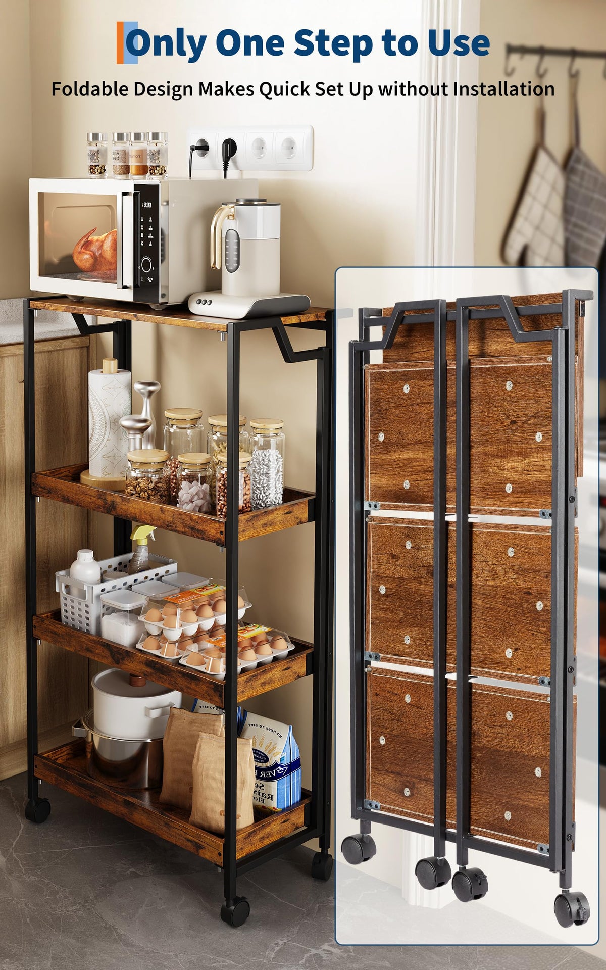PeakPursuit Large 4-Tier Collapsible Wooden Storage Shelf – Heavy Duty 100 lbs Capacity, Locking Wheels – Space-Saving Organizer for Kitchen, Garage, Workshop, Home – No Assembly Required