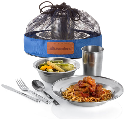 Wealers Unique Complete Messware Kit Polished Stainless Steel Dishes Set| Tableware| Dinnerware| Camping| Buffet| Includes - Cups | Plates| Bowls| Cutlery| Comes in Mesh Bags (2 Person Set Blue)