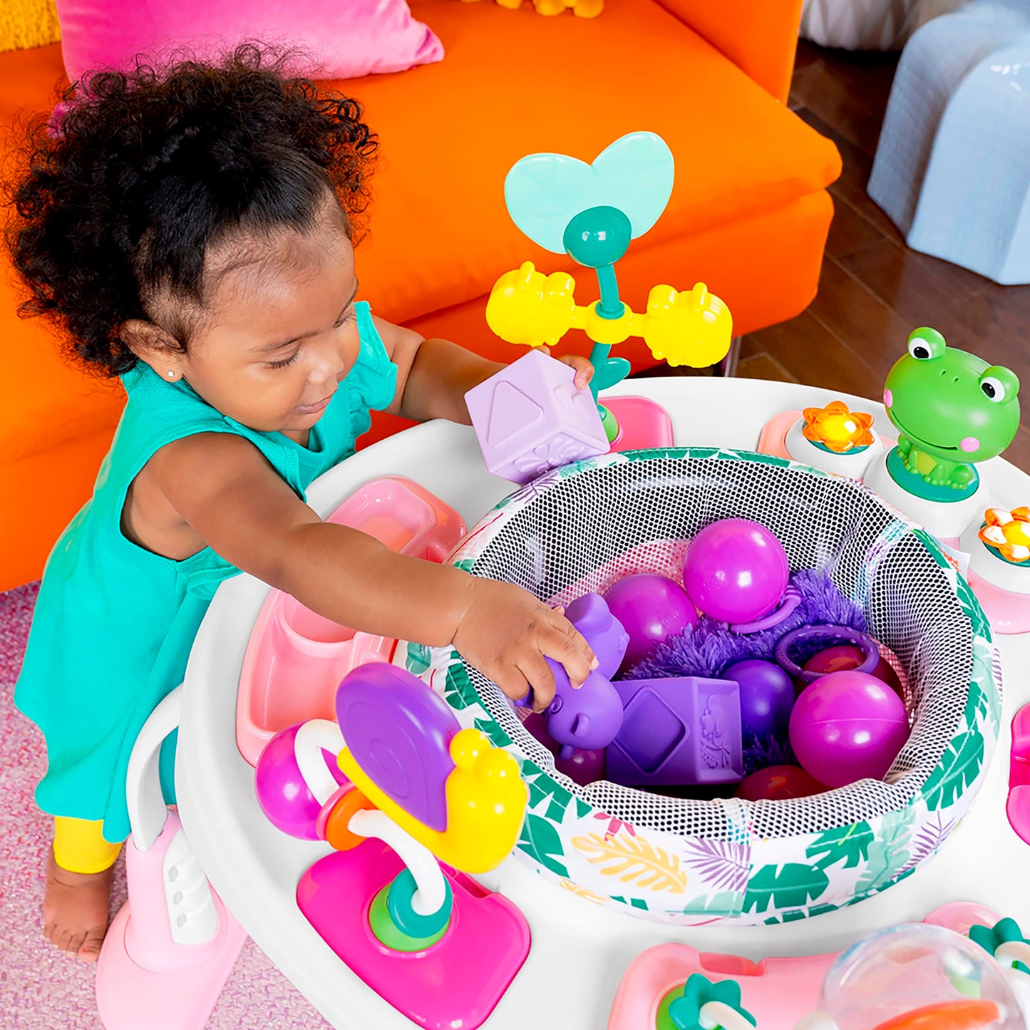 Bright Starts, Bounce Bounce Baby 2-in-1 Activity Center Jumper and Table - Playful Palms with 7 Interactive Toys, Adjustable Height, Storage Bag, 360° Rotation, Ages 6 Months +, Pink