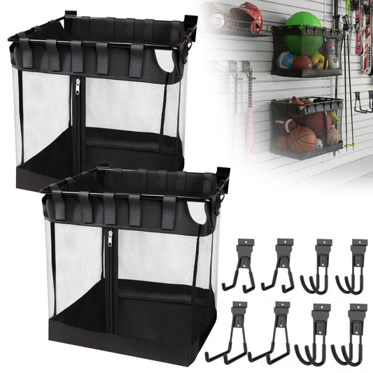 NUMAKY 10PCS Slatwall Accessories Kit, Includes 2 Large Mesh Slatwall Baskets with Zipper & 8 Heavy Duty Multifunctional Hooks, for Sports Equipment, Tools & Garage Organization
