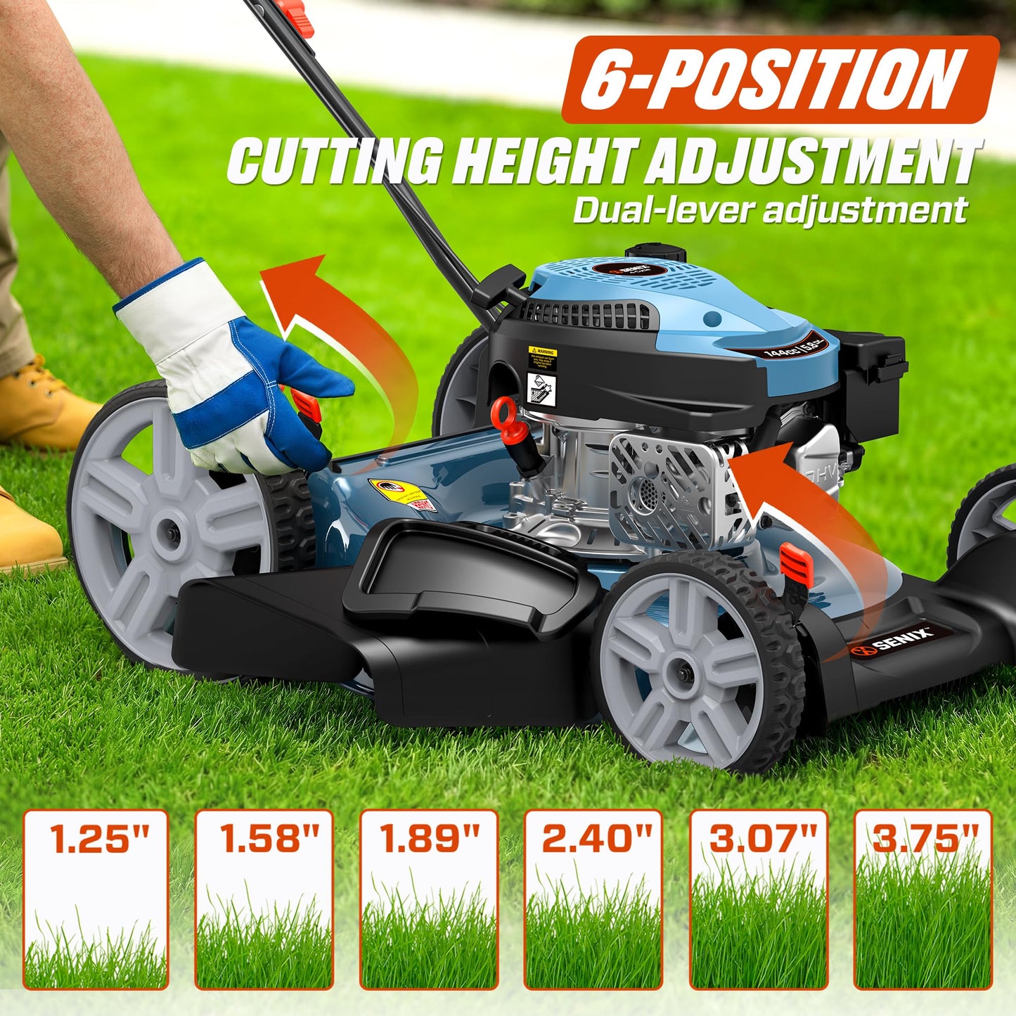SENIX 144 cc Gas Lawn Mower, 21 inch 2-in-1 Push with Mulching and Side Discharge, 4-Cycle Engine, 6 Position Cutting Height Adjustment for Yard and Garden