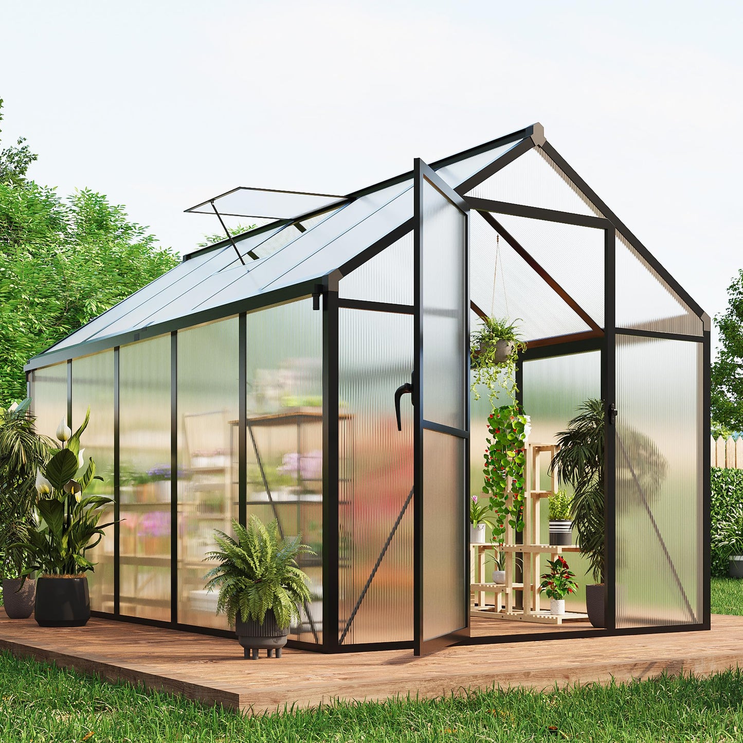 Greenhouse, 6x10 Ft Outdoor Greenhouses, Green House Kit, Portablee Greenhouse with Ground Nails and Vent Windows, Sliding Lockable Door, Polycarbonate Green House for Outside Garden Backyard, Black