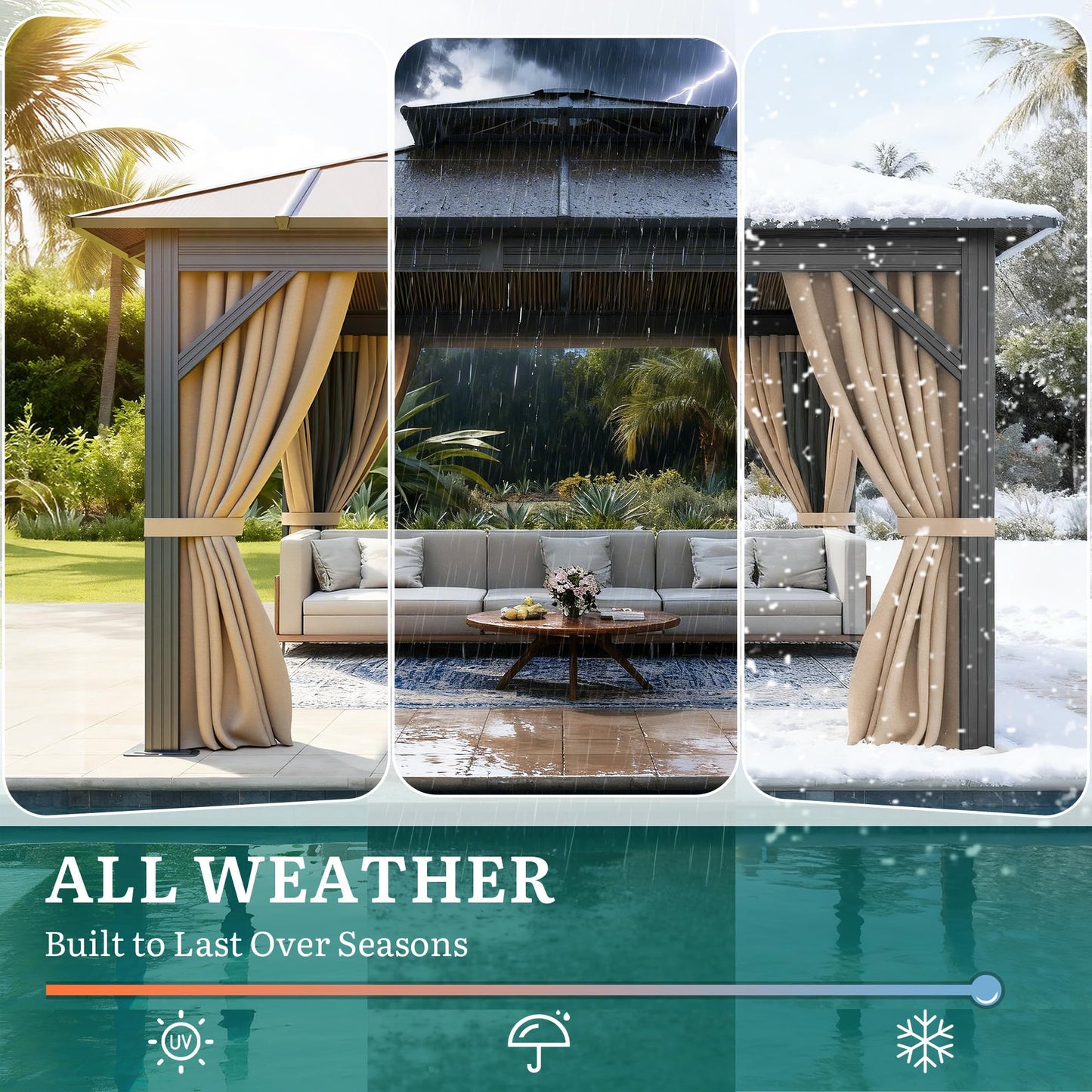 YITAHOME 10x10FT Gazebo Hard-Top Double Roof Canopy Outdoor with Netting and Shaded Curtains, Metal Frame Polycarbonate Hardtop Garden Tent for Patio, Backyard, Deck and Lawns, Brown