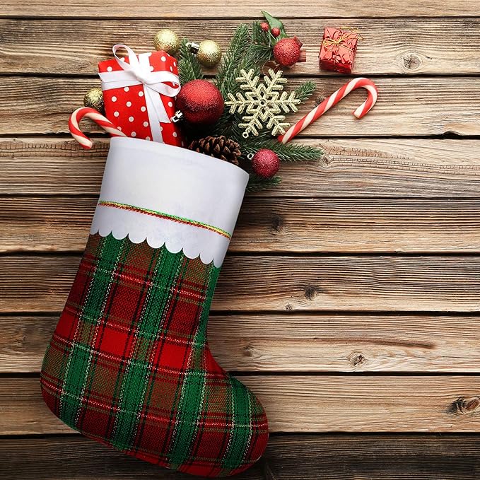 URATOT 12 Pack 15 Inches Christmas Stockings Red and Green Plaid Pattern Felt Christmas Holiday Stockings Christmas Tree Hanging Ornaments Xmas Fireplace Decoration Set