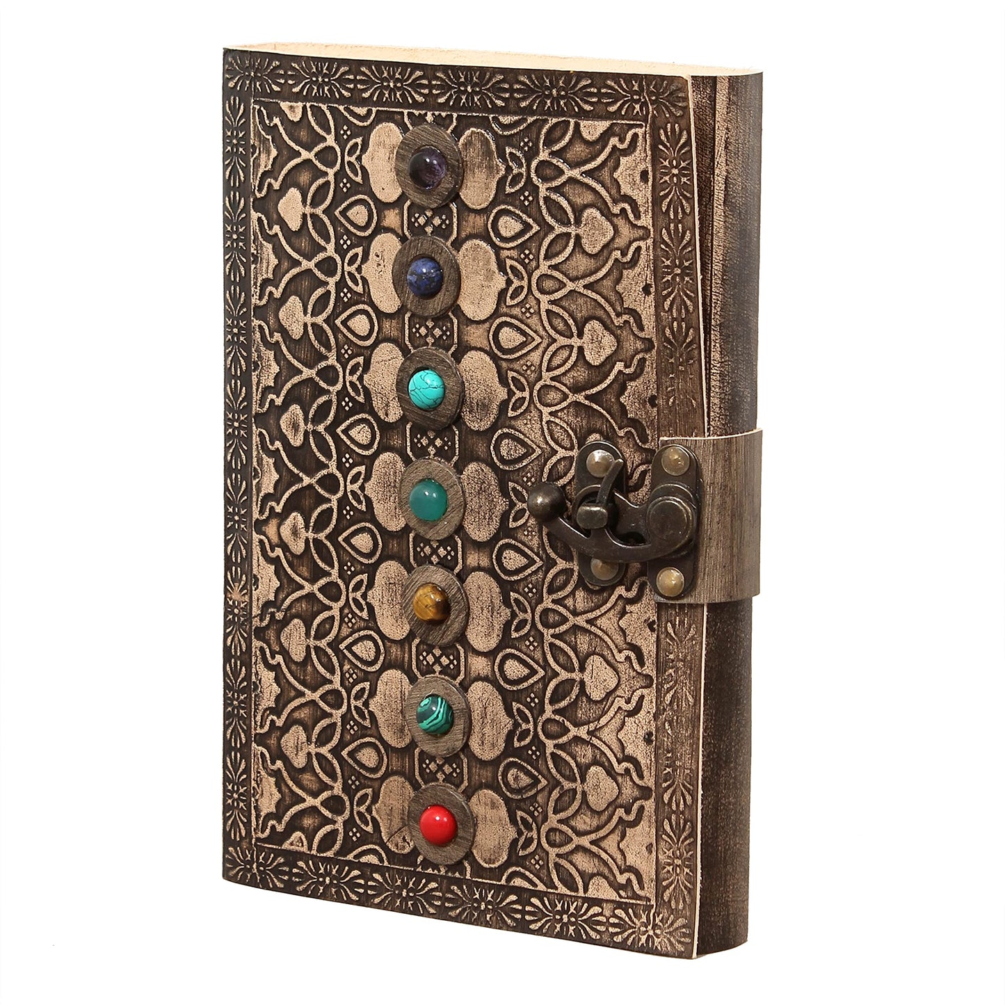 AzureGreen Leather Book of Shadows Journal, Supernatural Notebook with Chakra Gem Stones Healing Crystals and Latch