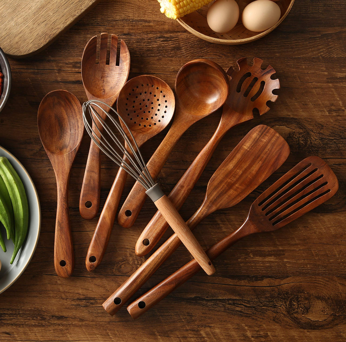 NAYAHOSE Wooden Kitchen Utensils Set with Holder, NAYAHOSE 9 Pcs Teak Wood Spoons for Cooking Spatula Set with Stainless Steel Storage Barrel