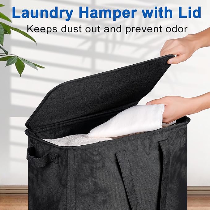 Slim Laundry Hamper with Lid and Wheels, Small Rolling Laundry Basket with