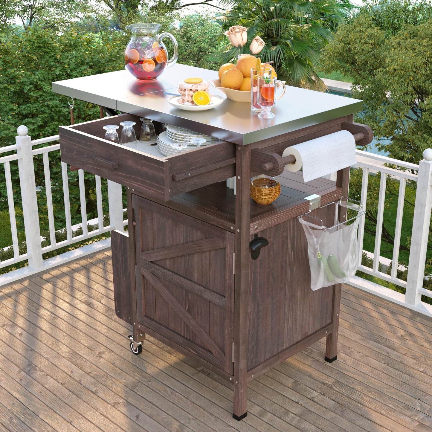 Merax Grill Cart with Storage, Patio Kitchen Island Outdoor Grill Table with Lockable Wheels Drop Leaf, BBQ Cart Movable Pizza Oven Table Stand, Brown
