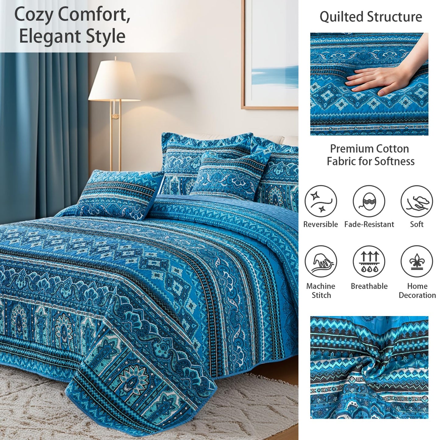 TWINRUN Cotton Quilts California King Size Set, 3 Pieces California King Quilt Bedding Set (108 x 118 Inch), Lightweight Boho Oversized King Size Bedspread, Blue Stripes Cotton Quilts for All Seasons