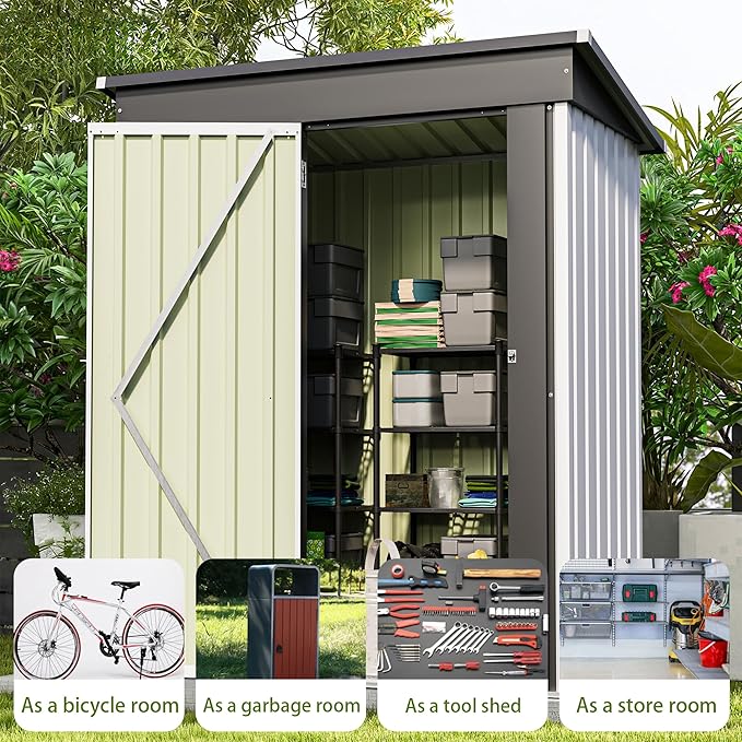 Patiowell 5x3 FT Outdoor Storage Shed, Garden Tool Shed with Sloping Roof and Lockable Door, Metal Shed for Backyard Garden Patio Lawn, White