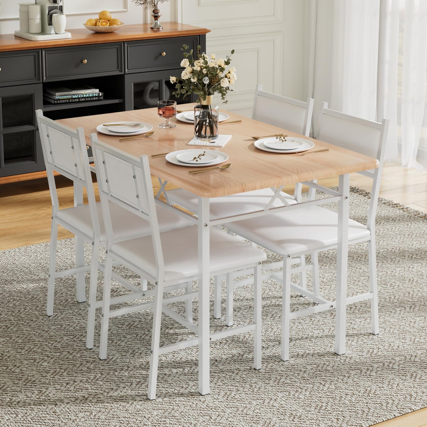 VECELO Dining Table Set for 4 with Chairs, 5-Piece Kitchen Table and Upholstered Padded Chairs Set for Small Space, Dining Room, Apartment, Natural White