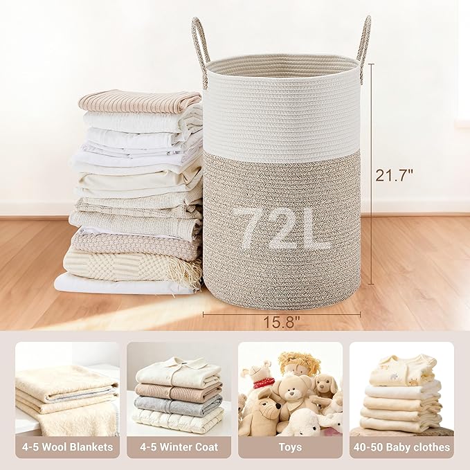 Tall Laundry Basket with Handles, 72L Portable Dirty Clothes Hamper, Boho