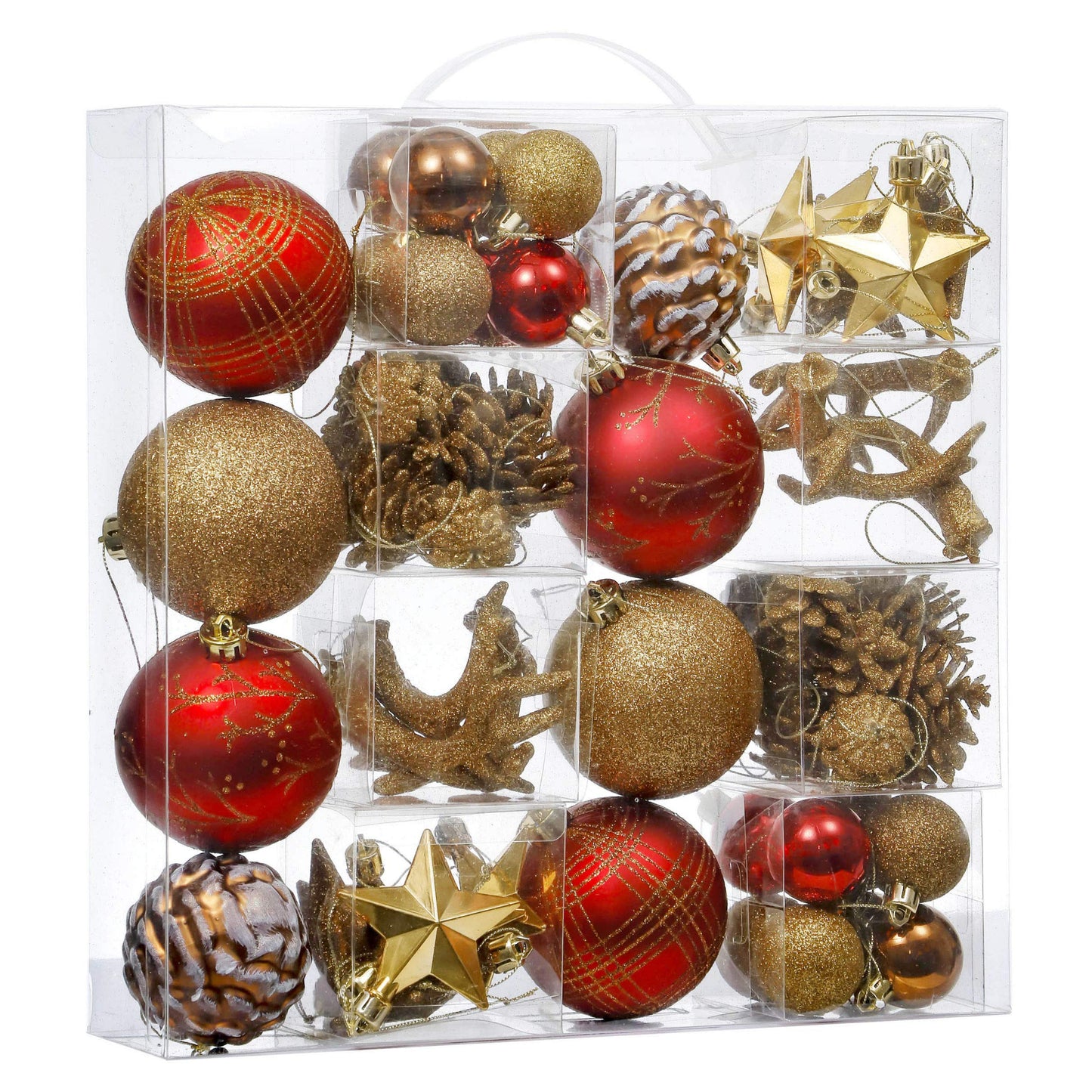 Valery Madelyn Christmas Ornaments Set, 70ct Red and Brown Shatterproof Christmas Tree Decorations, Woodland Hanging Ball Ornaments Bulk for Xmas Holiday Decor