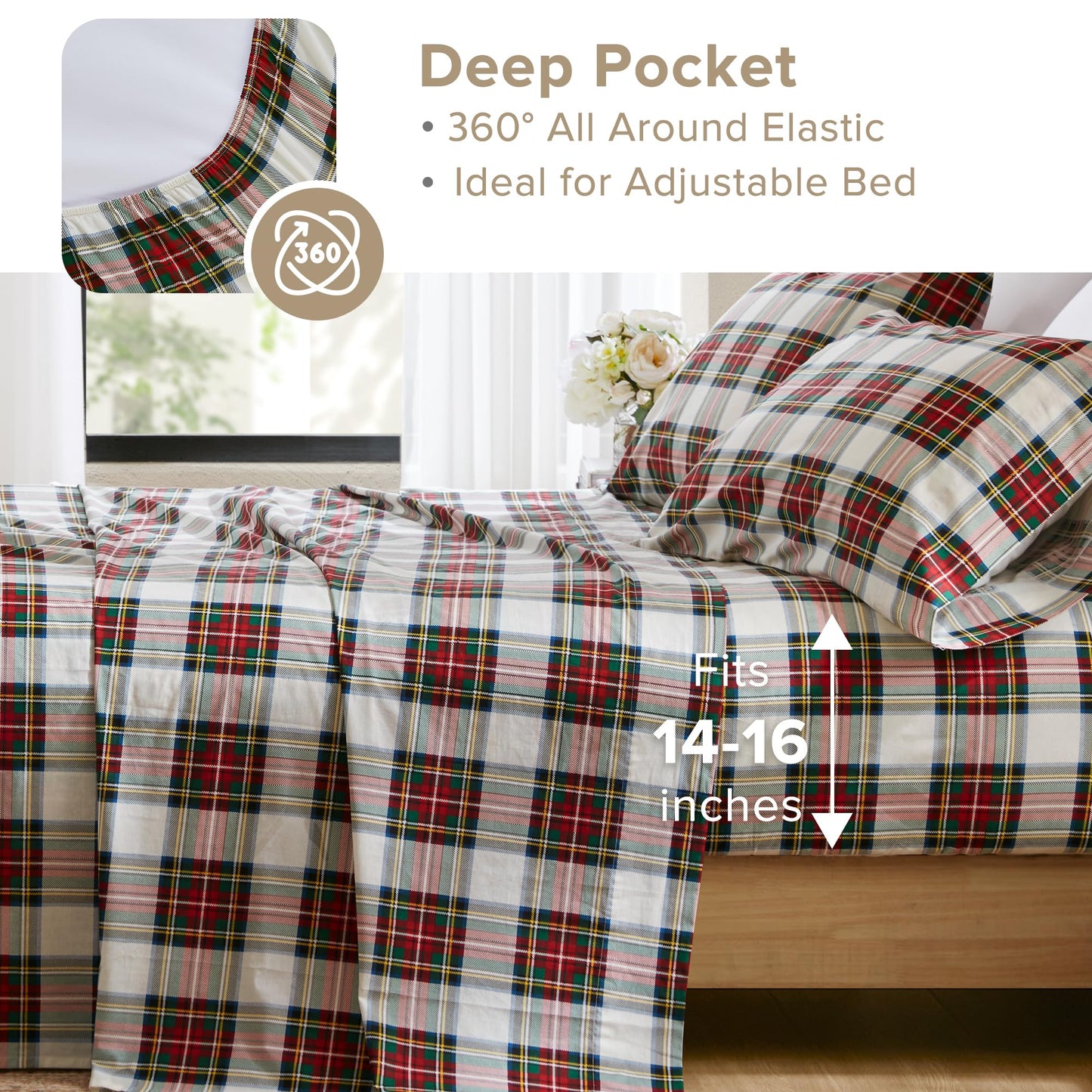 Comfort Spaces 100% Cotton Sheets King, Breathable, Naturally Cool Cotton Sheets, Cotton Bed Sheets with 14" Elastic Pocket Fits up to 16" Mattress, All Seasons Sheet Set, Scottish Plaid Red 4 Piece