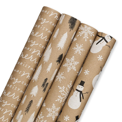 American Greetings Vintage Kraft Christmas Wrapping Paper Rolls, Black, White, and Brown Kraft Holiday Gift Wrap (80 sq. ft., 4 Rolls-30 in. x 8 ft.) Snowflakes, Snowmen, Trees, Merry Christmas
