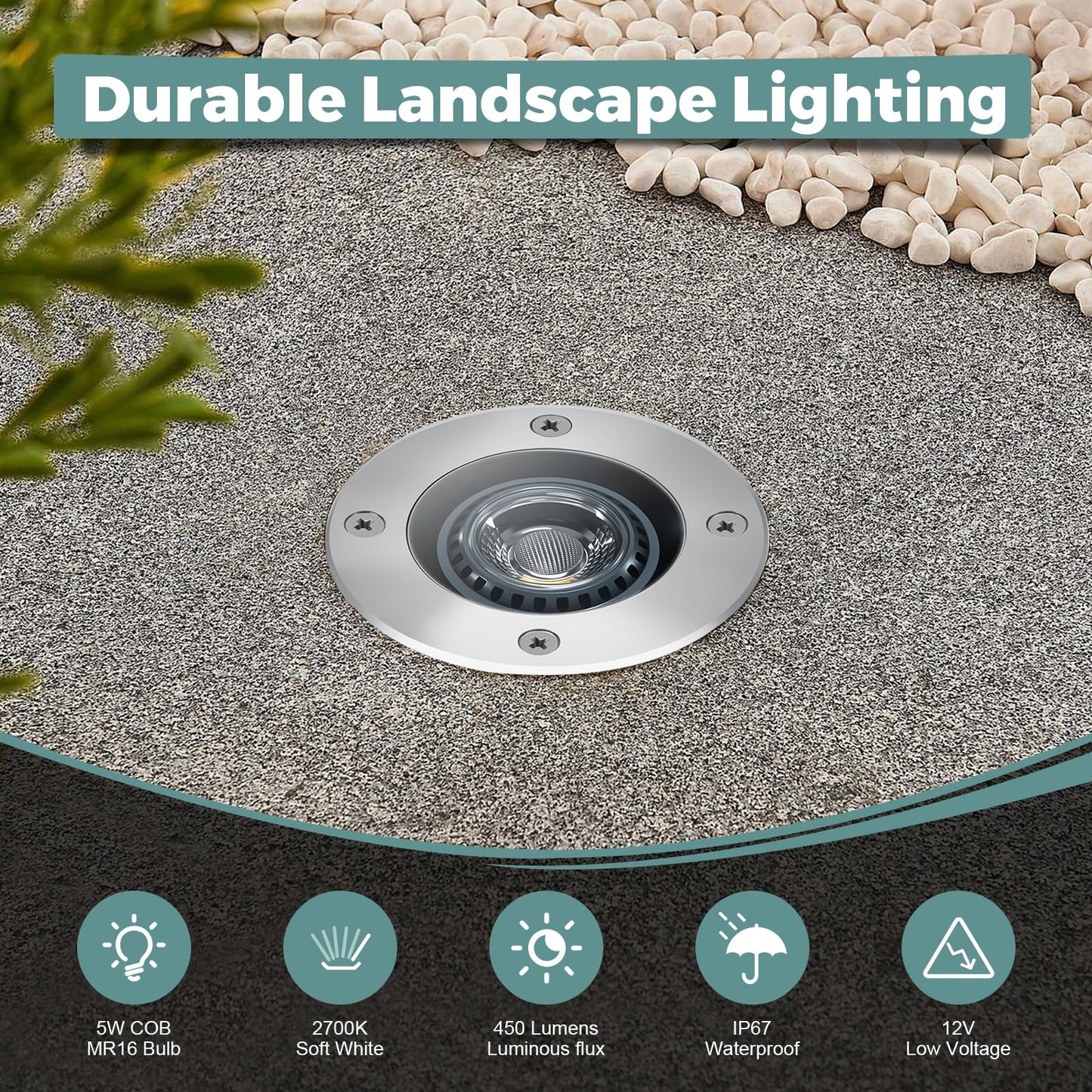 Gardencoin Low Voltage Landscape LED Well Lights, 12V in Ground Lights Outdoor IP67 Waterproof, 5" Tall Wired Landscape Up Lighting, Included Replaceable 5W 2700K MR16 Bulb Dimmable, 6 Pack