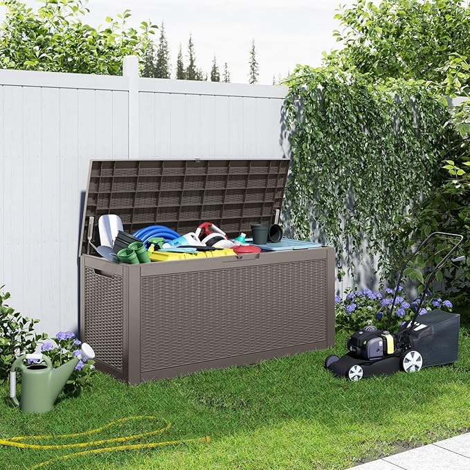 ROJIK Outdoor Storage Housing Deck Box - Waterproof Patio Furniture, Garden Tools, Cushions, Pool Accessories Storage Bench with Lockable Lid and Side Handles (Grey 110 Gal)