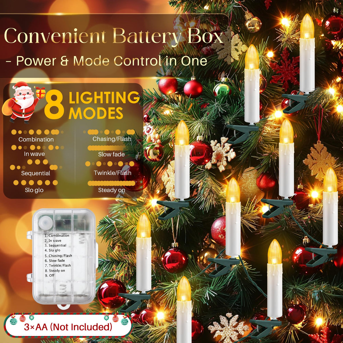 ElectricWise Christmas Tree Clip on Flameless LED Candle String Lights, White Candle with Clips & Remote Control & 8 Modes & Timer, Battery Operated, for Wedding & Holiday Decoration(10 Lights)