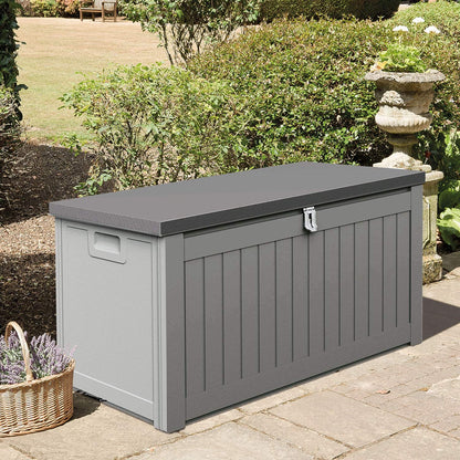 SunTime Ontario 190L Outdoor Plastic Garden Furniture Storage Box With Strapped Lid, 96 x 45 x 49cm - Grey