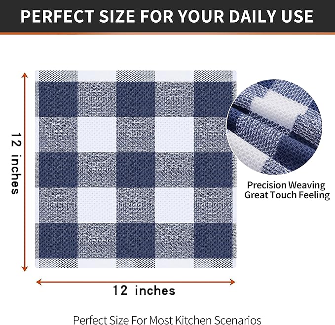 Homaxy 100% Cotton Waffle Weave Check Plaid Dish Cloths, 12 x 12 Inches