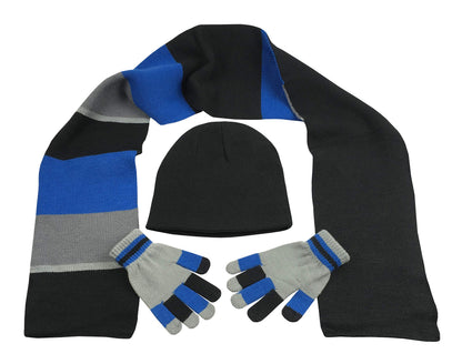 N'Ice Caps Kids Reversible Knitted Hat/Scarf/Magic Stretch Glove Accessory Set (Black/Charcoal Grey/Royal with Touchscreen, 7-10 Years)