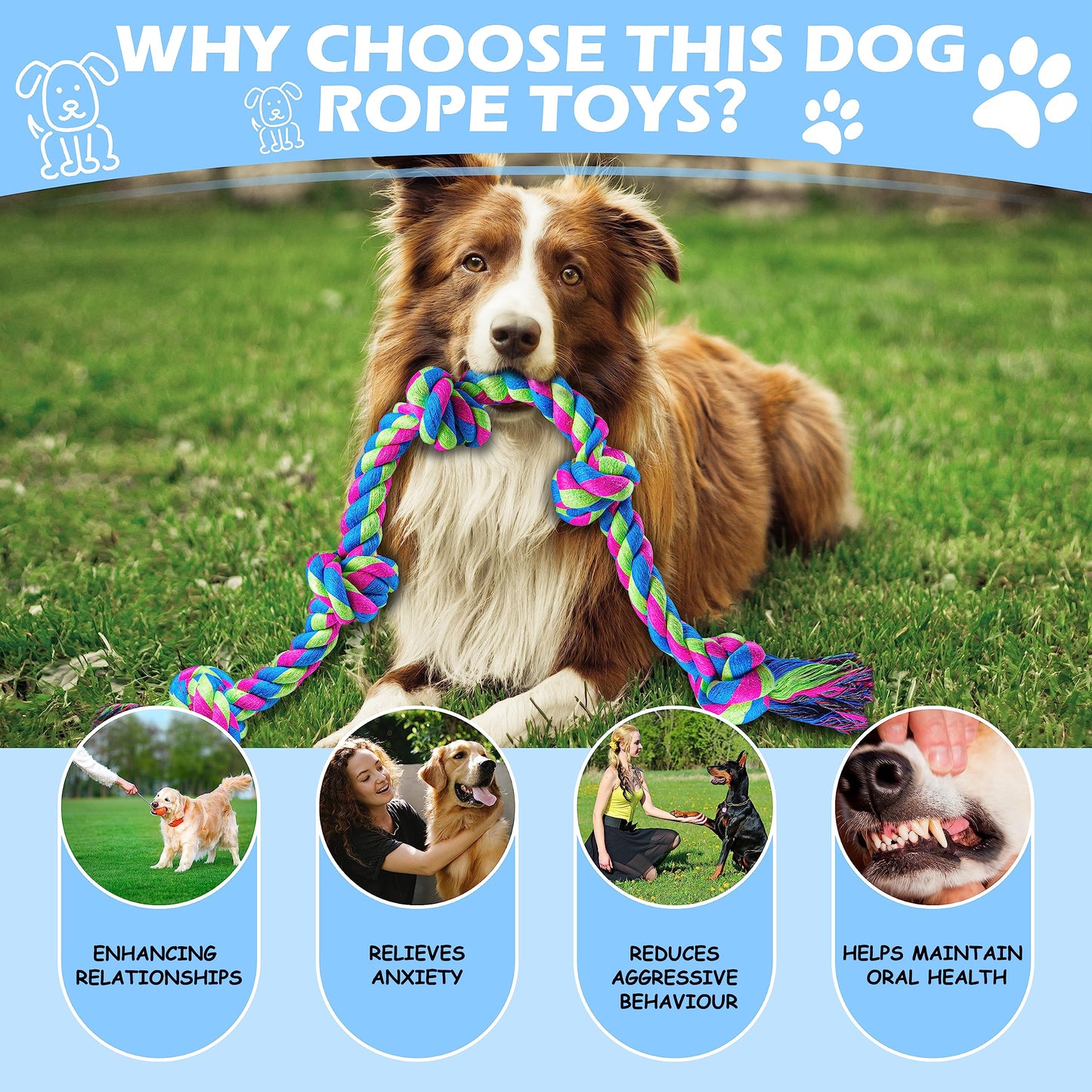 Aitmexcn Dog Rope Toys for Large Medium Breed Chewers – 37 Inch 5 Knots Indestructible Dog Chew Toys, Tough Tug of War Rope for Teeth Cleaning, Interactive Play