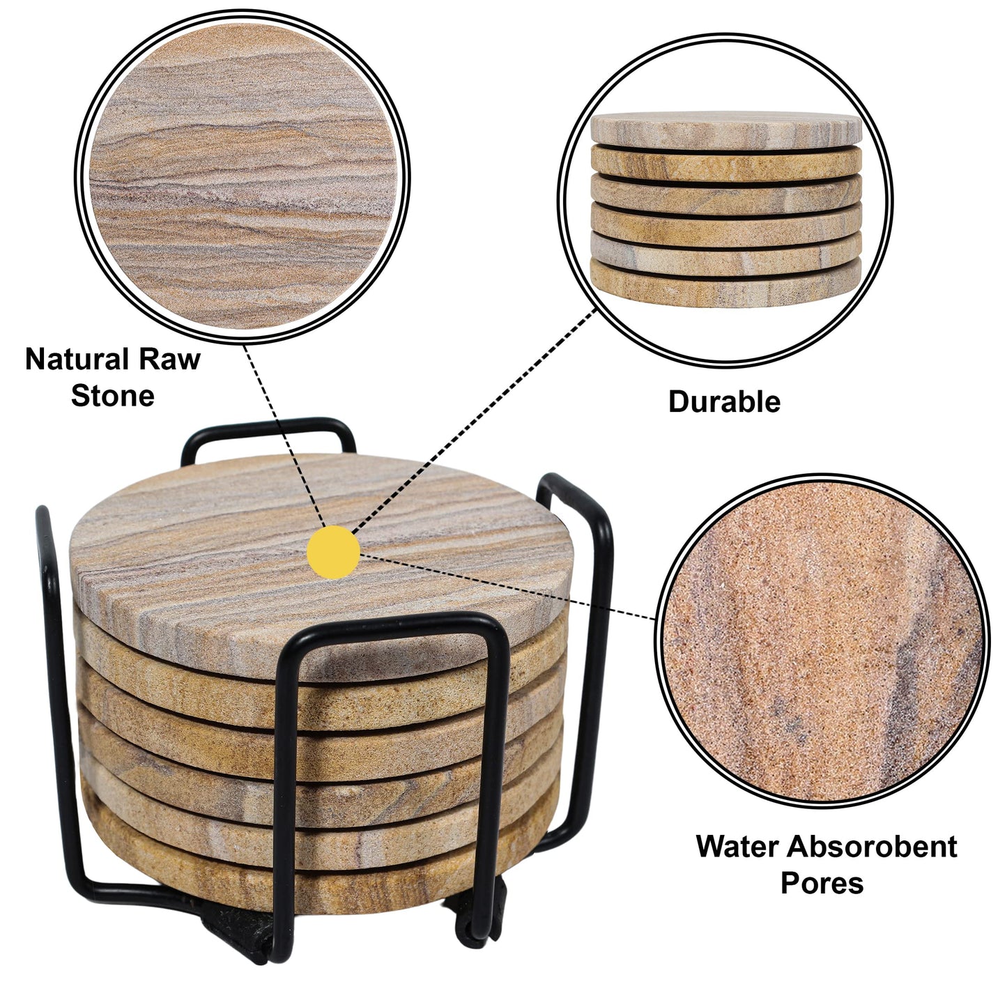 Marbco Sandstone Water Absorbent Hand Crafted Round Coasters for Drinks - 4 Inches Wide Thirsty Stone Bar/Drink Coasters- Made from Rainbow Sandstone (Set of 6 Without Holder)