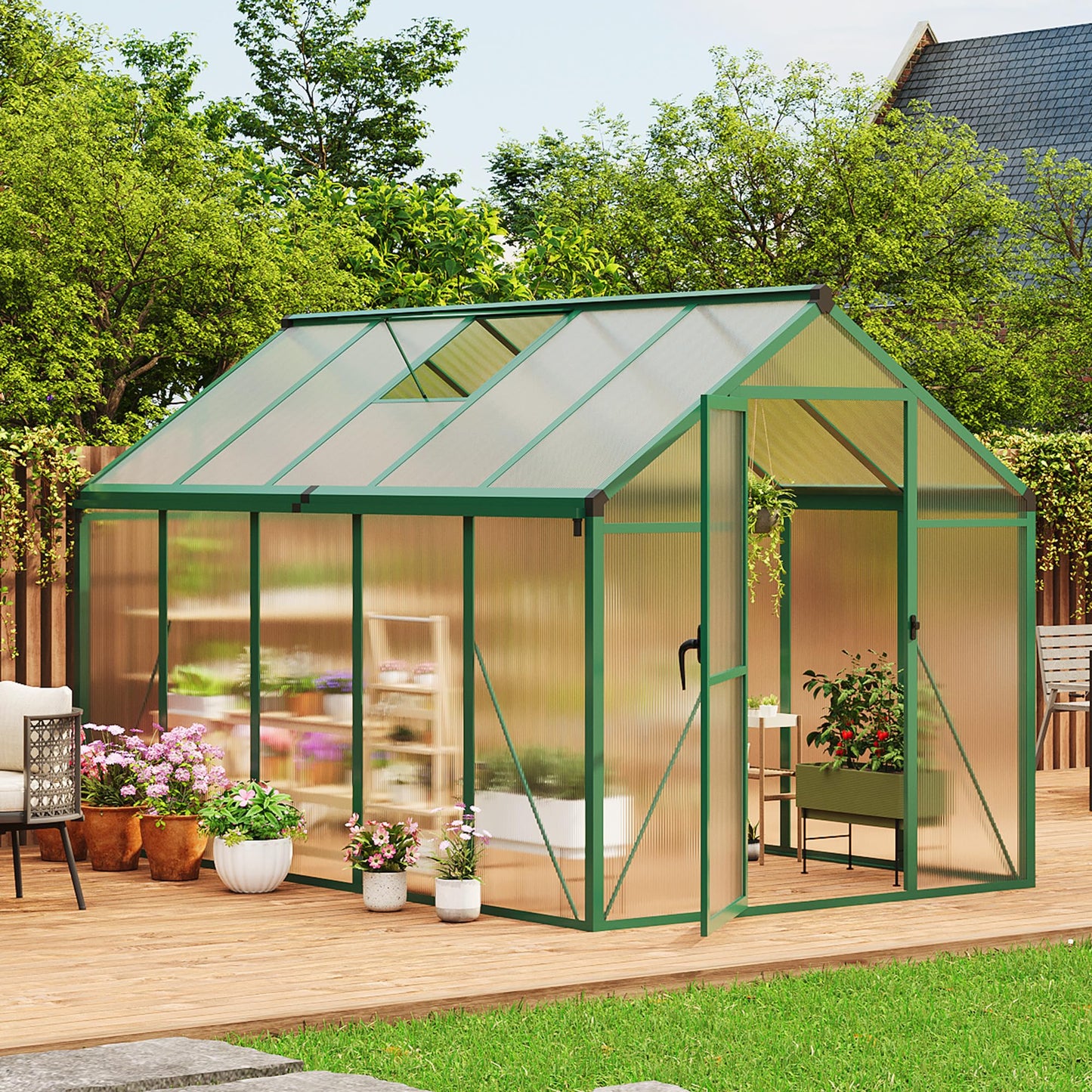 6x10 ft Walk-in Greenhouse, Polycarbonate Panels with Reinforced Aluminum Frame, Large Garden Green House for Planting and Seed Starting, Quick-Assembly Structure with Adjustable Roof Vent