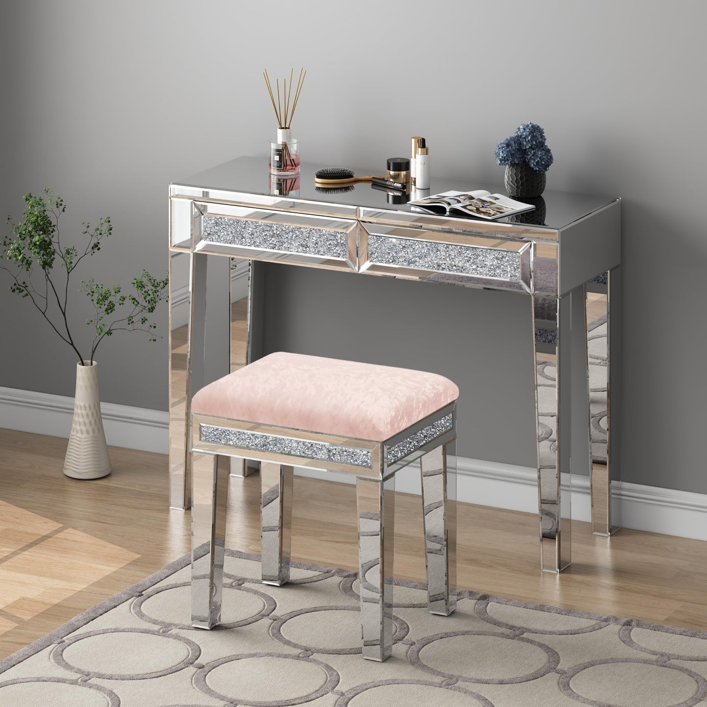 blingworld Mirrored Vanity Stool with Crushed Diamond Inlay Velvet Cushion 19.7'' Tall Stylish Makeup Chair for Bedroom, Vanity Chair, Ottoman for Living Room