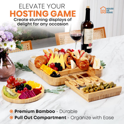 Large Bamboo Charcuterie Board Set with Hidden Drawer Storage | Cheese Board with Knives & Bowls | Perfect Housewarming, Bridal Shower