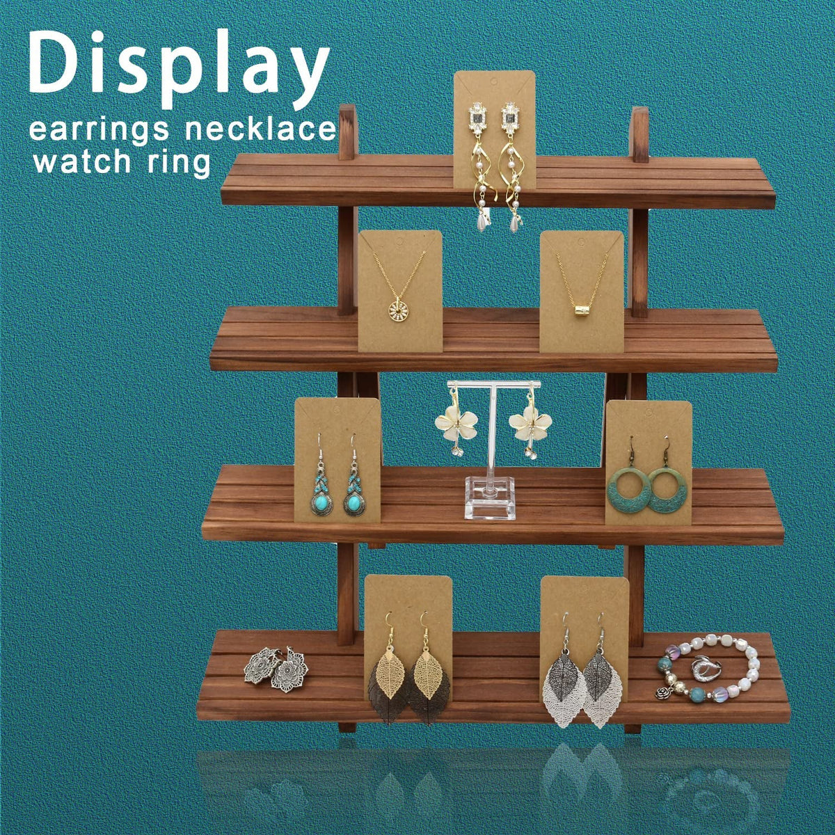 Auroal 51pcs 4-Tier Wood Earring Display Stand, Retail Display Riser Earring, Ring Holder Stand, Removable Countertop Small Merchandise Display Stand with 50 Pcs Earring Card (Light brown)