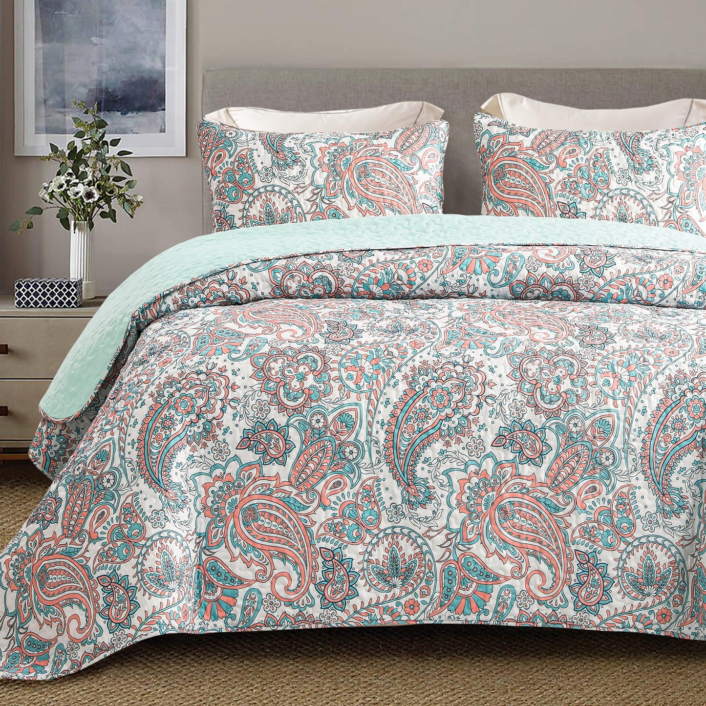 Exclusivo Mezcla Reversible Boho Quilts Queen Size, Aqua Soft Bedspreads Lightweight Coverlet All Season Paisley Quilt Bedding Set with Printed Floral Pattern (1 Quilt, 2 Pillow Shams)