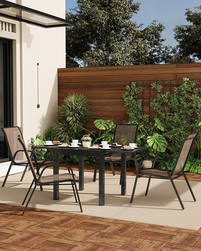 Outdoor Stackable Dining Chairs Set of 4, High-Back Patio Stacking Chairs, Patio Chairs with Textilene Farbic & Metal Frame for Lawn Backyard Deck Garden,Brown