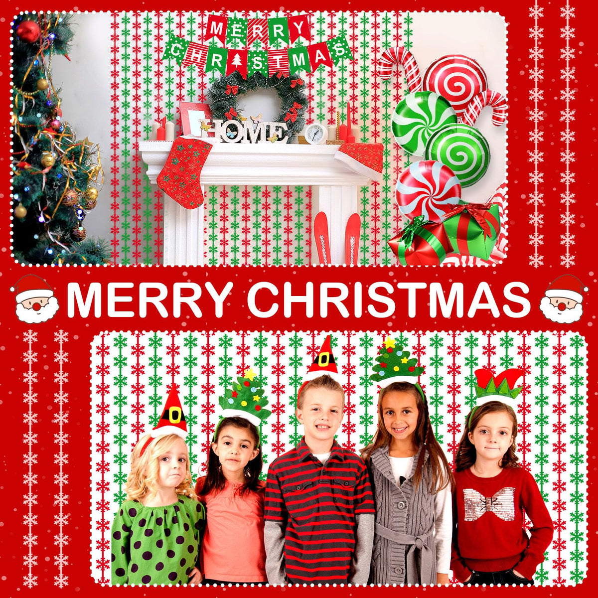 Blosssound 11PCS Christmas Decorations Set Xmas Foil Fringe Curtains Backdrop Christmas Banner Lollipop Candy Cane Balloon Red Green Snowflake Garland for Christmas New Year Ugly Sweater Party Decor