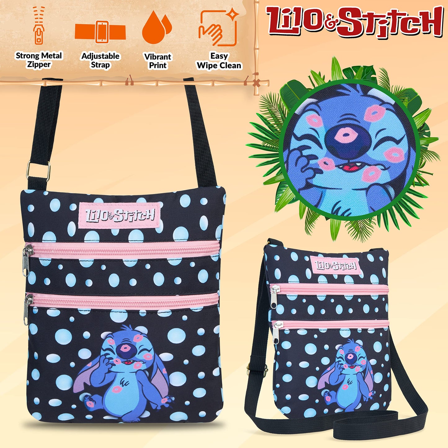 Disney Cross Body Bag for Girls, Lilo and Stitch Shoulder Bag, Stitch Gifts (Black)