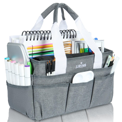 JJRING Craft Organizer Tote Bag, Art Storage Caddy with Multiple Pockets, Grey Sewing Bag for Art, Craft, Scrapbooking, Medical, and Office Supplies Storage