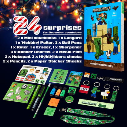 Minecraft Advent Calendar 2025 Stationery and Accessories Creeper Christmas Countdown Calendar Pens Gamer Stickers Keyring (Blue/Green)