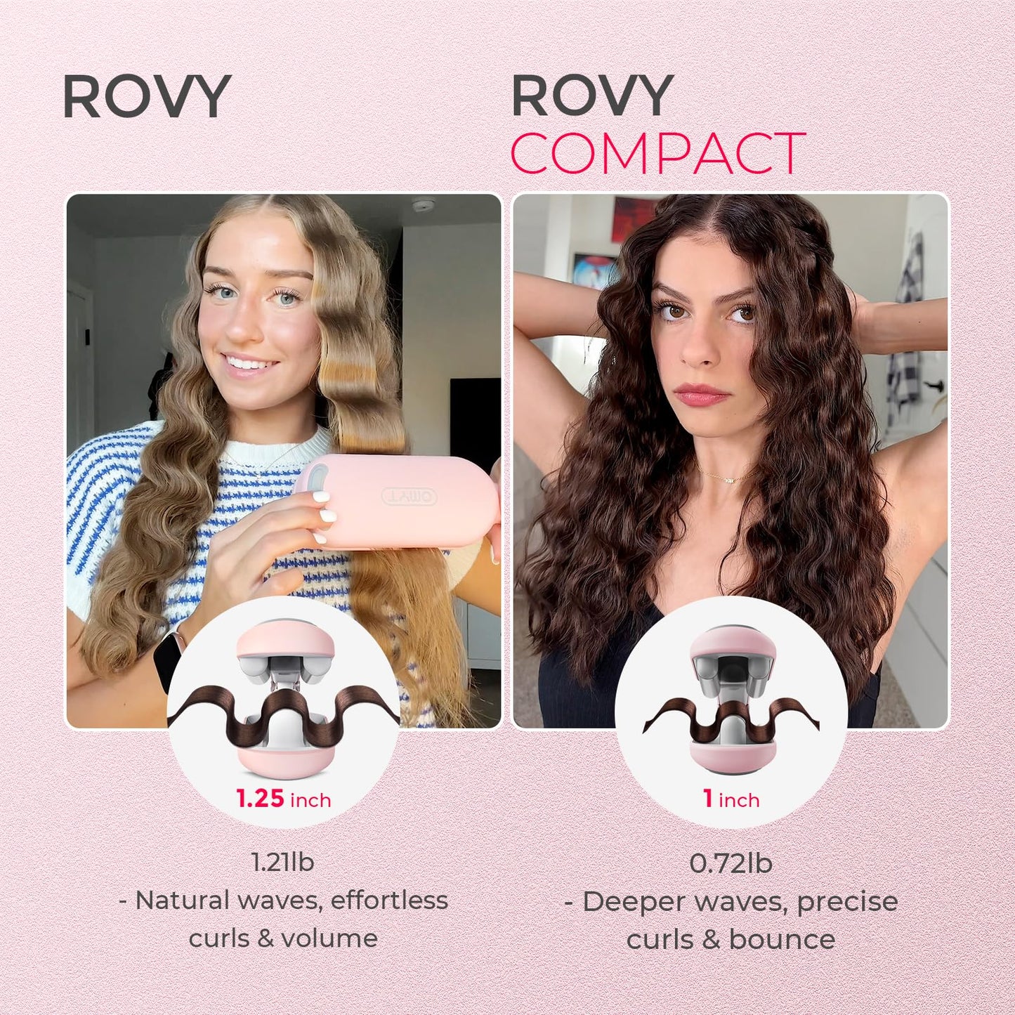 TYMO ROVY Hair Waver Crimper - Hair Curler, Deep Waver Curling Iron, Ionic Curling Wand with Ceramic Tourmaline Barrel for Women, Anti-Scald, Quick & Easy, Dual Voltage, Pink 25mm
