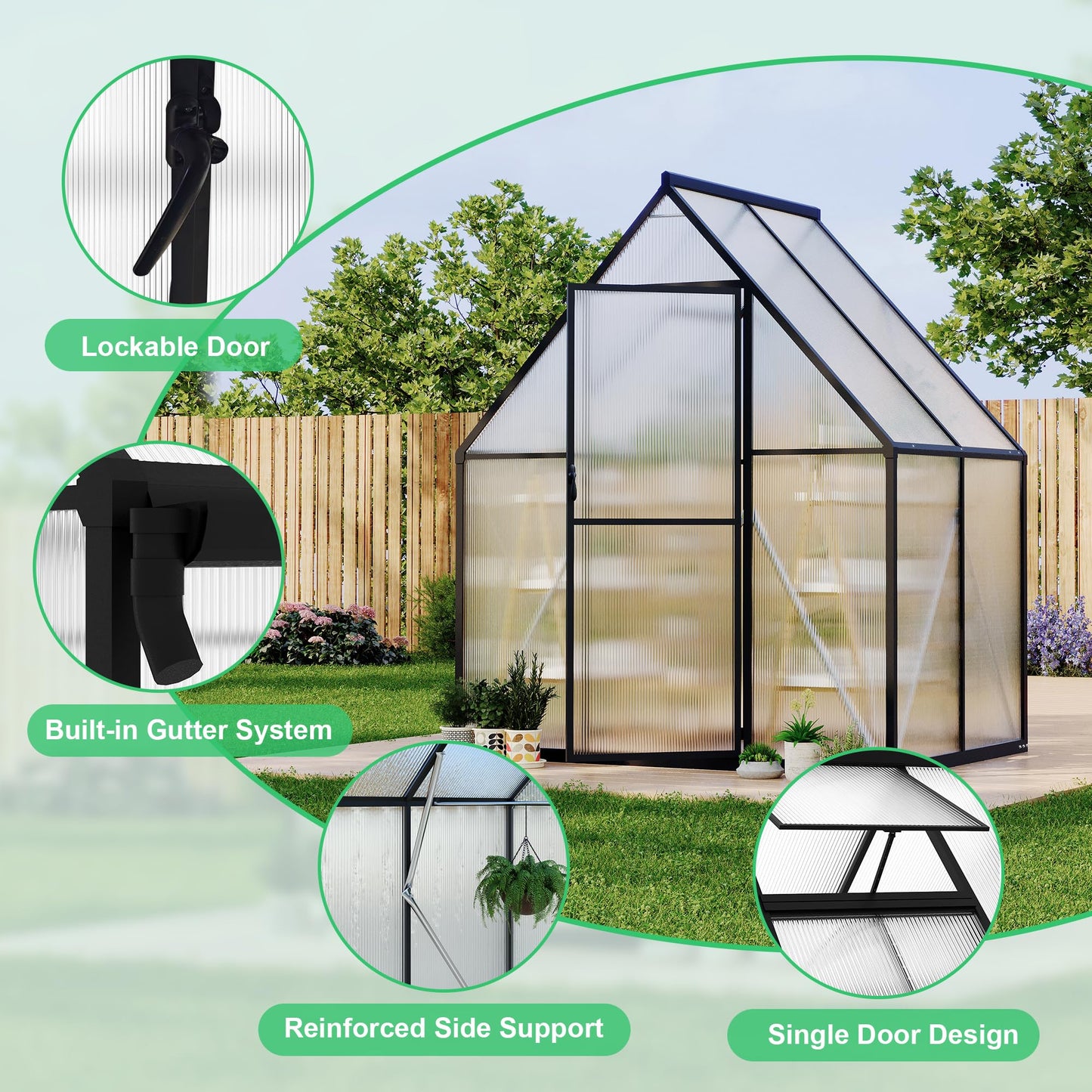 GarveeLife 6X4FT Polycarbonate Greenhouse with Aluminum Frame, Polycarbonate Greenhouse for Outdoors, Greenhouses with Ventilation and Rain Gutter, Aluminum Large Walk-in Greenhouses for Outside