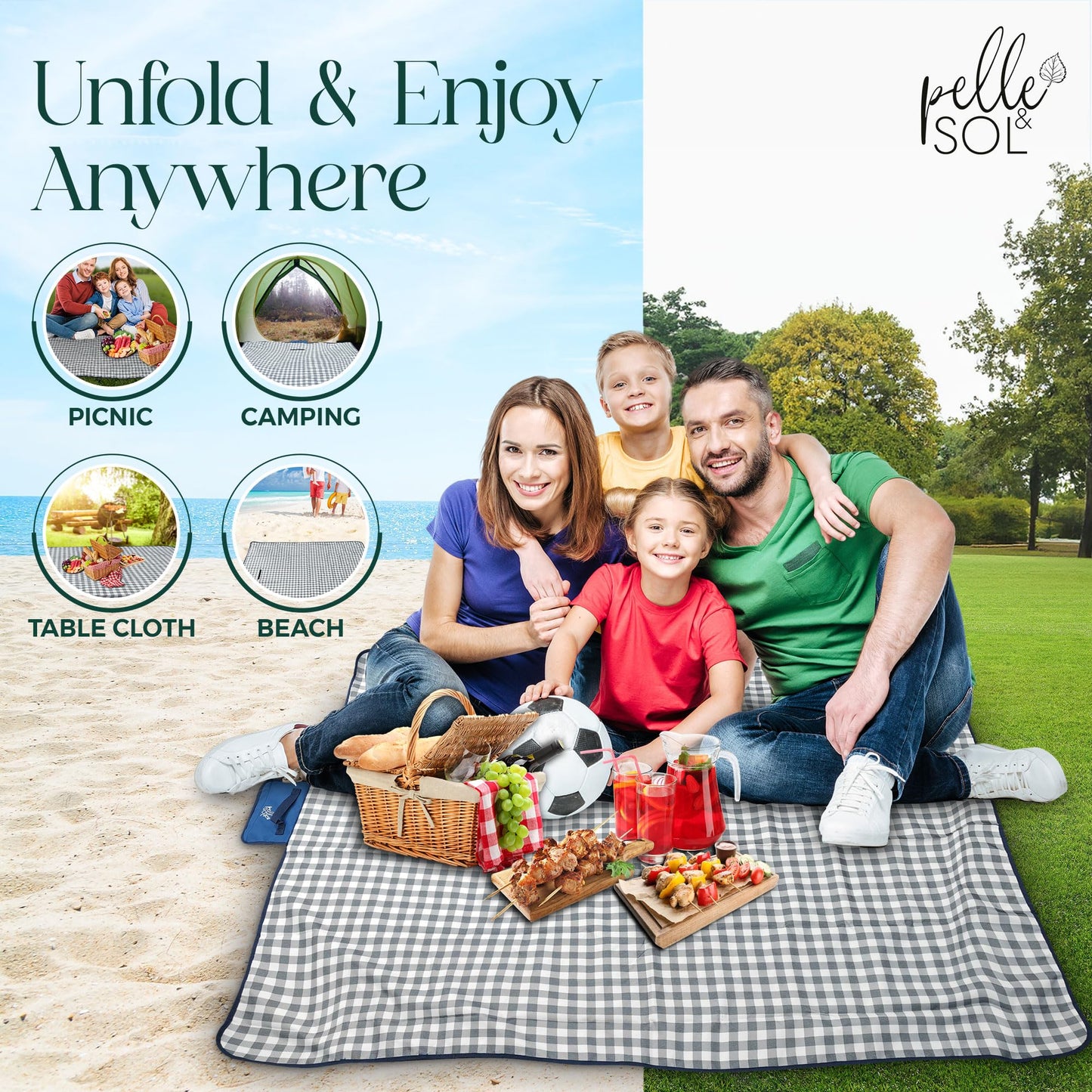 Pelle & Sol Picnic Blanket Waterproof, 200x140CM Foldable Picnic Mat - Outdoor Beach Blanket - Slip Resistant w/Carrying Handle - Sandproof & Washable Beach Mat for Garden, Hiking, Camping