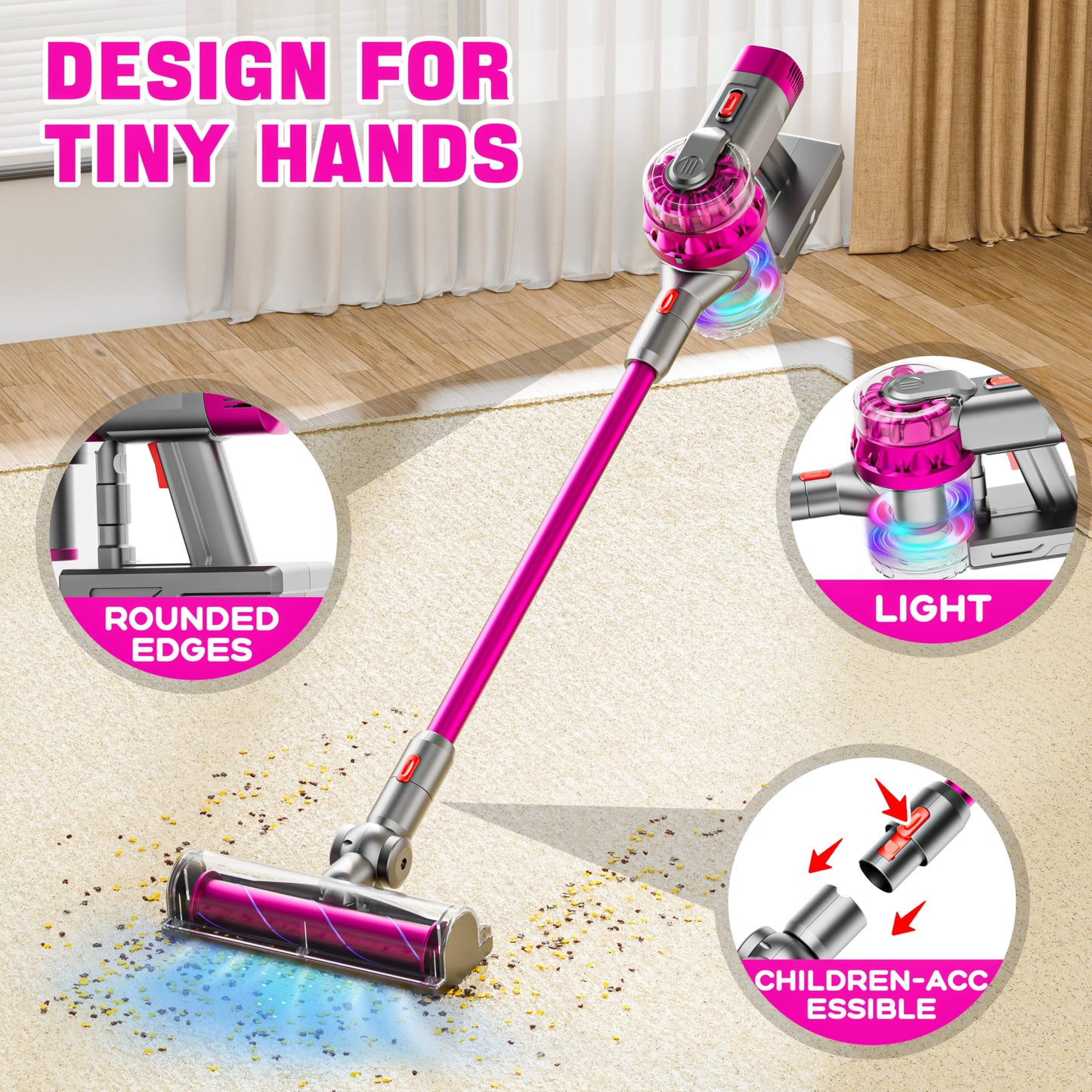 BLAXTEM 4-in-1 Kids Toy Vacuum that Works with Suction, Electric Toy Toddler Vacuum Cleaner for Children Girls & Boys, Toddlers Toys Cleaning Set for Pretend Play (Rose Red)