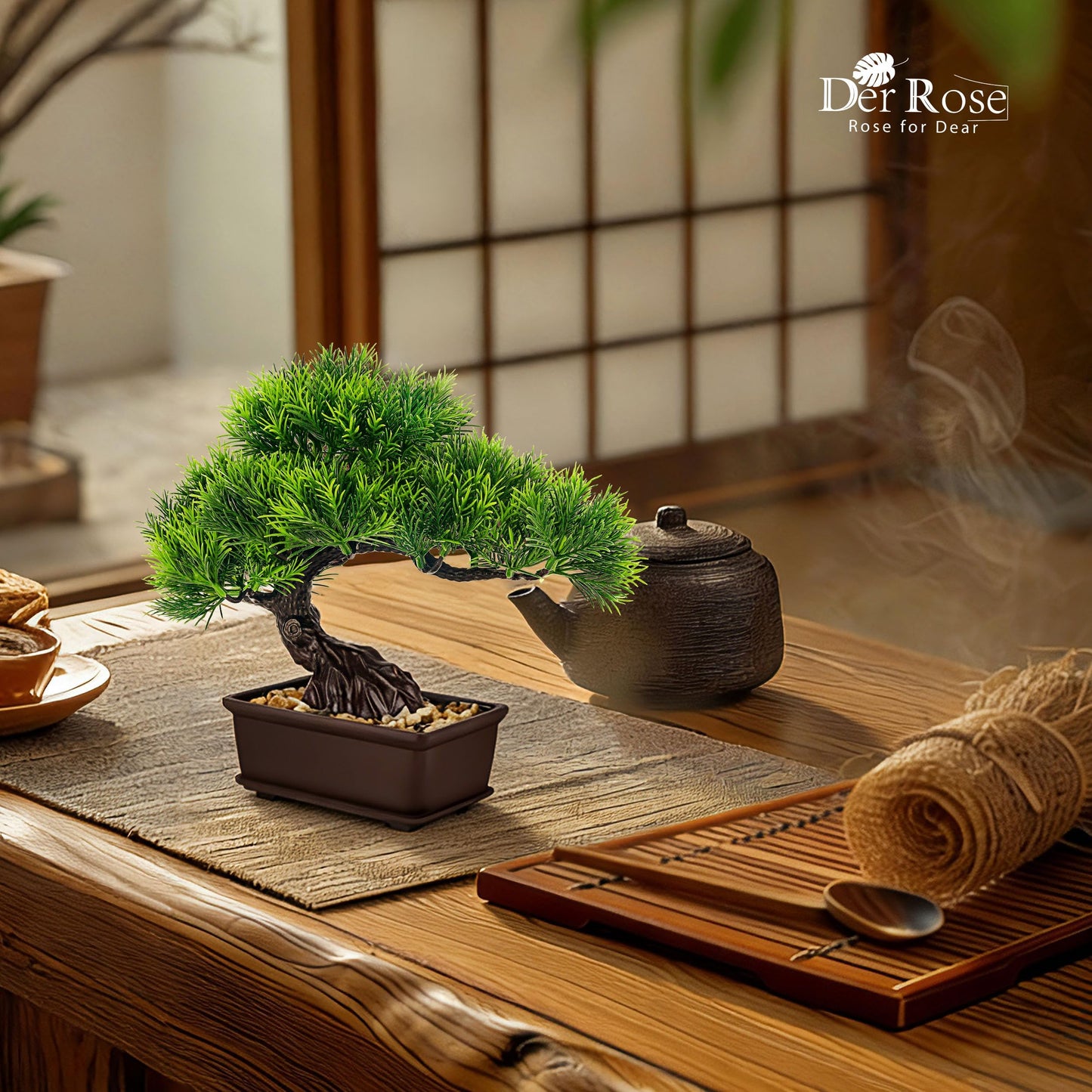 Der Rose 2Pcs Small Fake Plants Artificial Bonsai Tree Set Ficus and Cedar for Office Desk Shelf Room Home Zen Decor Indoor