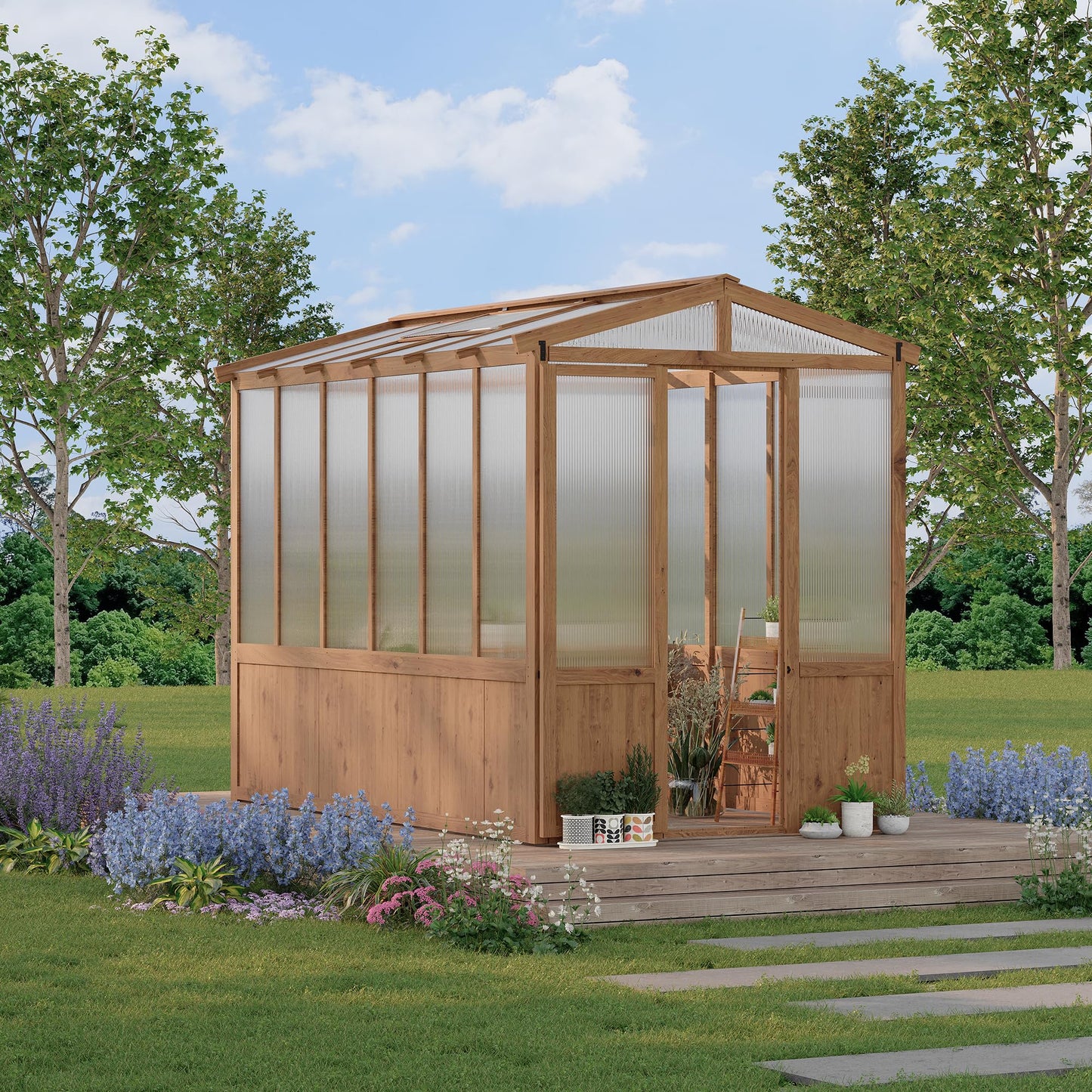 GarveeLife 6x10FT Wooden Greenhouses for Outdoors, Wooden Walk-in Green House with Cedar Frame, Greenhouse Kit with 6MM Thick Polycarbonate Panel