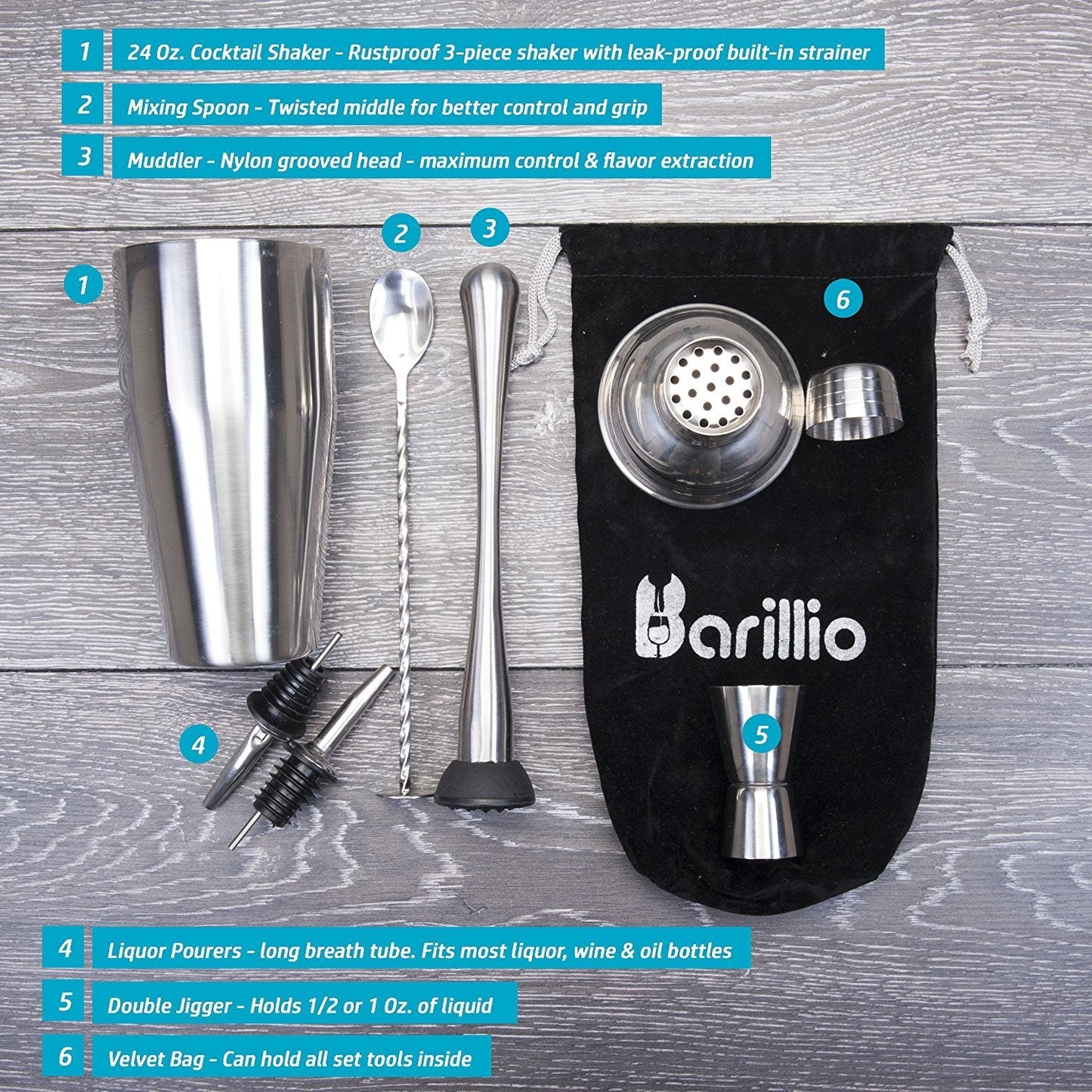 Barillio Mixology Bartender Kit - 8 pcs Stainless Steel Travel Cocktail Shaker Set with Bag - Bar Tools Set with Martini Shaker, Drink Mixer Spoon & Mojito Muddler for Cocktails, Pourers & Jigger