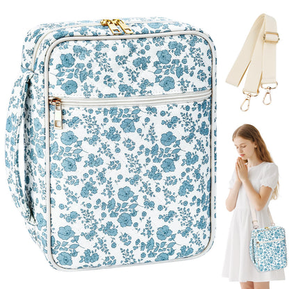 SelfTek Bible Cover Case for Women - Large Quilted Bible Cases for Woman Organizer with Handle & Shoulder Strap, Bible Study Supplies Accessories Christian Gifts (Blue)