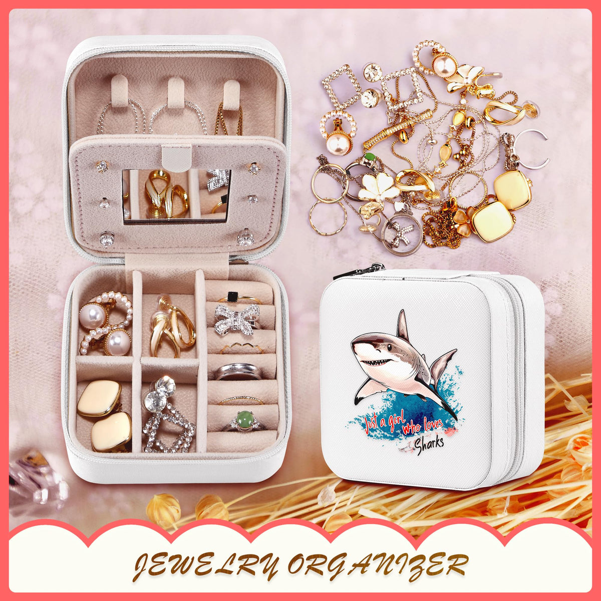 BJDAMAI Shark Jewelry Box, Gifts For Teens Girls Age 8-12, Shark Lovers Stuff Items Accessories Things Merchandise Decor Merch, Travel Ring Earrings Necklace Organizer Holder!