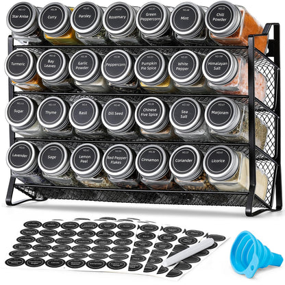 AOZITA Spice Rack Organizer for Cabinet, Spice Organizer with 28 Empty Spice Jars with Black Lids, Funnel, Spice Labels, Seasoning Organizer for Countertop, Cabinet, Kitchen, Pantry, Cupboard