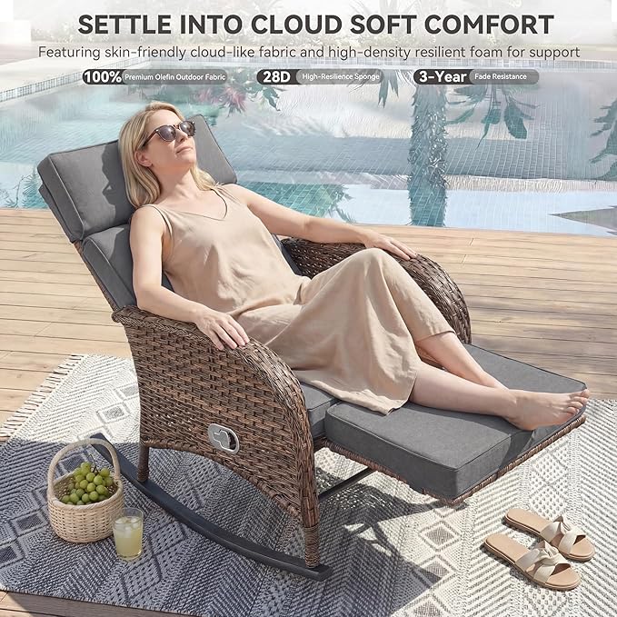 Zero Gravity Patio Rocking Wicker Recliner Chairs Set of 2- Wicker Outdoor Lounge Chair with Adjustable Backrest & Footrest, All Weather Reclining Rocker Chairs with Thick Cushion for Pool Deck Grey