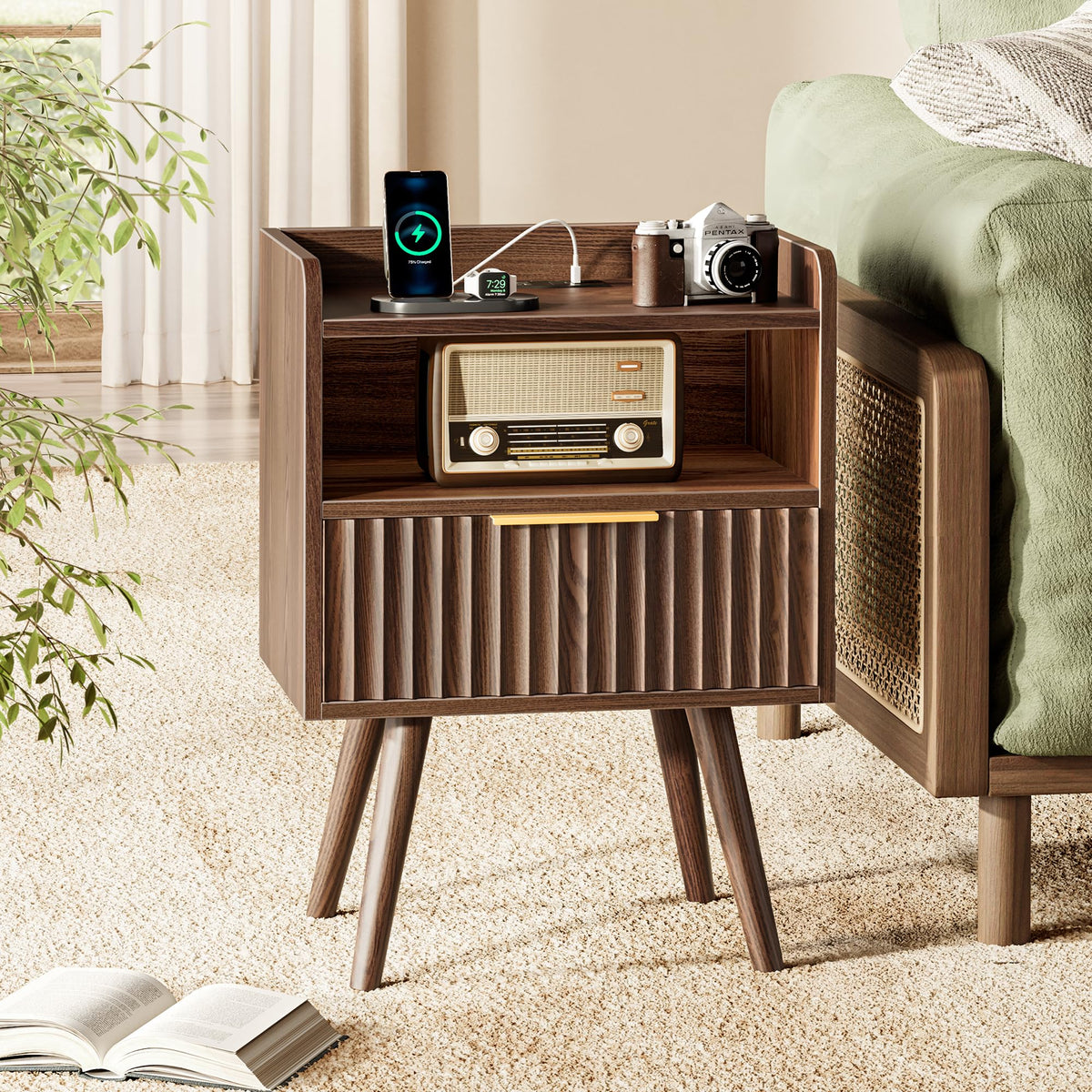Huuger Nightstand with Charging Station, USB-C Port, Fluted Night Stand Set of 2, Bed Side Table with Drawer, Solid Wood Feet, Open Storage, End Table with Raised Edge, for Bedroom, Walnut