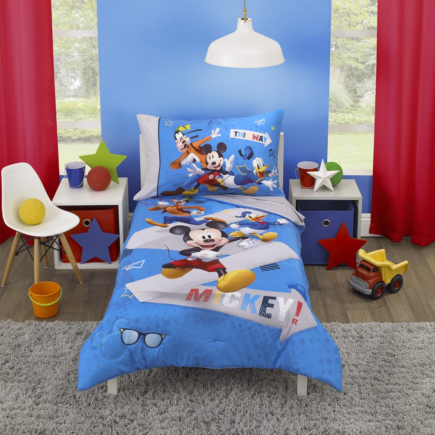 Disney Mickey Mouse and Pals 4 Piece Toddler Bedding Set - Fitted Sheet, Pillow Case, Top Sheet, and Comforter Quilt - Blue